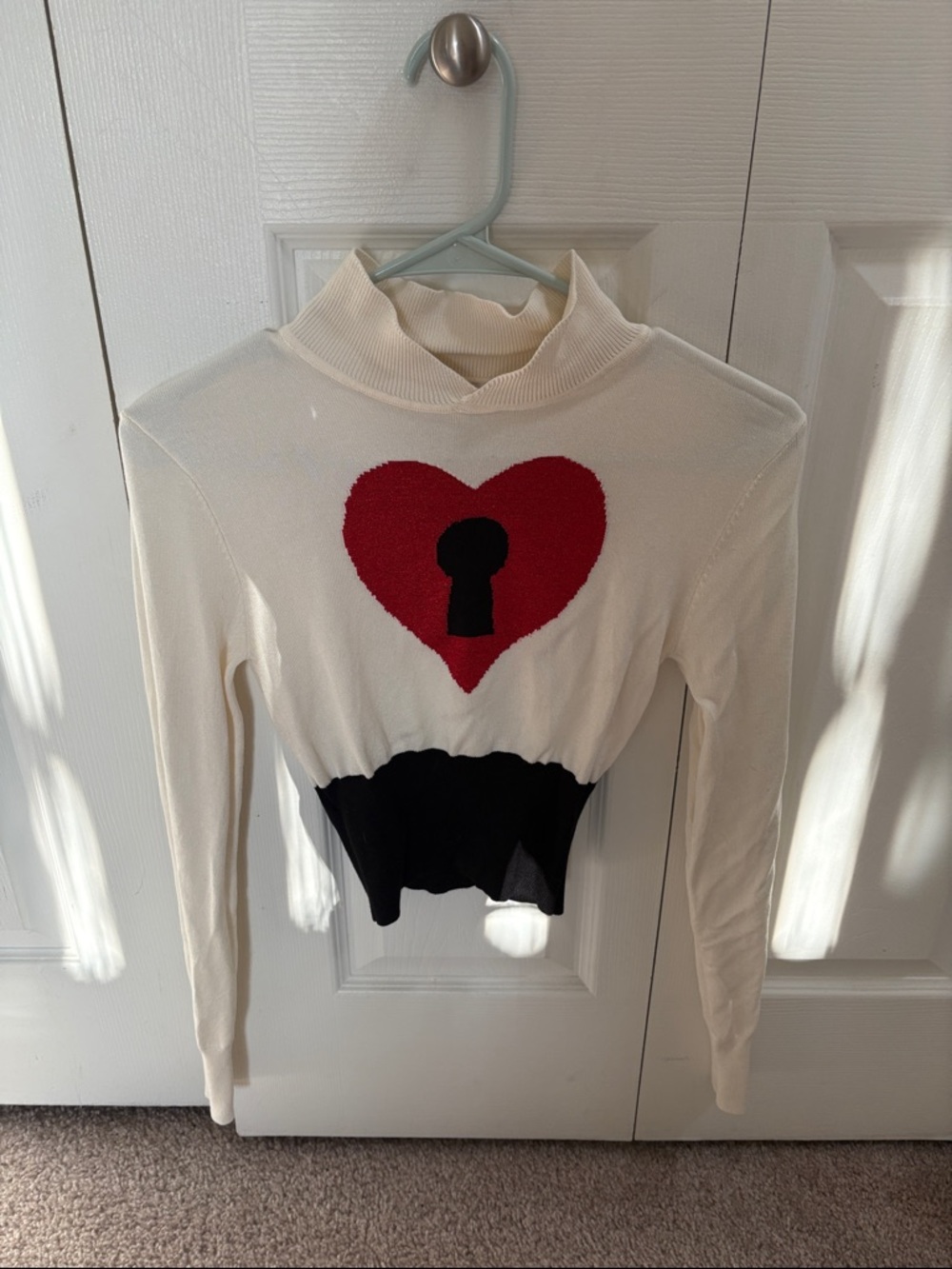Unique Vintage Cream Knit Sweater with Red Heart and Black Keyhole never worn
